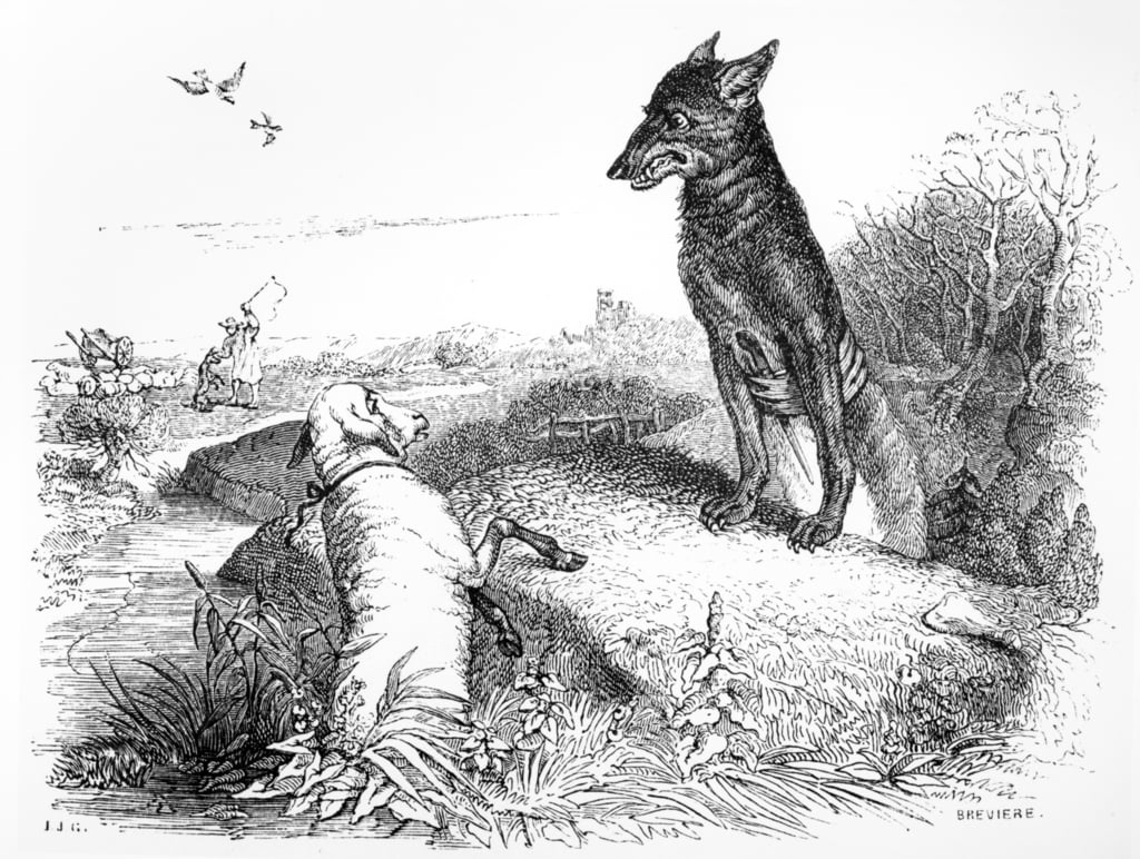 Der Wolf und das Lamm, Illustration für Fabeln von La Fontaine, herausgegeben von H. Fournier